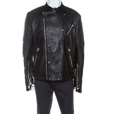 Pre-owned Philipp Plein Black Leather Detail Artemy Biker Jacket 5xl