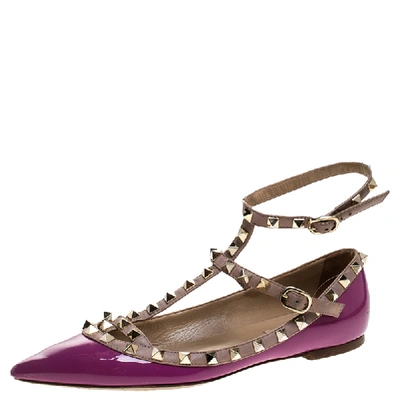 Pre-owned Valentino Garavani Purple Patent Leather And Leather Rockstud Double Ankle Strap Cage Ballerina Flats Size 38