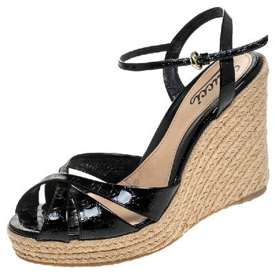Pre-owned Gucci Ssima Patent Leather Espadrille Wedge Ankle Strap Sandals Size 39 In Black