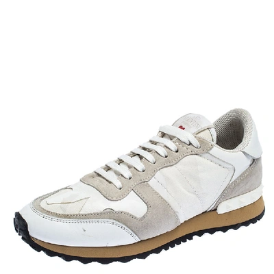 Pre-owned Valentino Garavani White/grey Leather And Suede L'amour Rockrunner Low Top Trainers Size 37