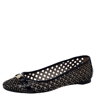 Pre-owned Versace Black Perforated Leather Embellished Ballet Flats Size 37