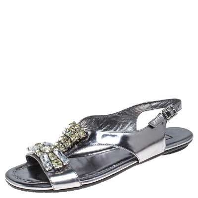 Pre-owned Jimmy Choo Silver Metallic Crystal Embellished Patent Leather Slingback Flat Sandals Size 36