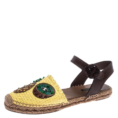 Pre-owned Dolce & Gabbana Yellow Raffia/leather Pineapple And Kiwi Patch Espadrille Sandals Size 40