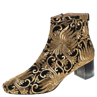 Pre-owned Tory Burch Black/gold Embroidered Carlotta Booties Size 40