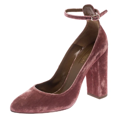 Pre-owned Aquazzura Pink Velvet Alix Ankle Strap Block Heel Pumps Size 39.5