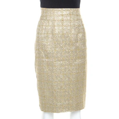 Pre-owned Burberry Metallic Jacquard Lame Pencil Skirt L In Gold