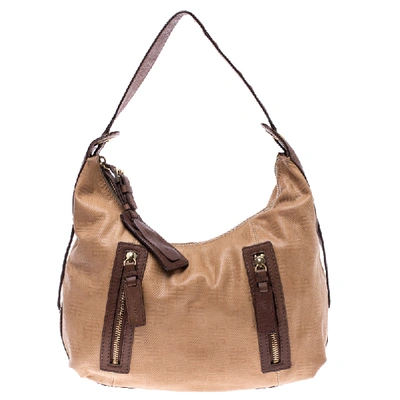 Pre-owned Givenchy Beige/brown Monogram Embossed Leather Double Zip Pocket Hobo