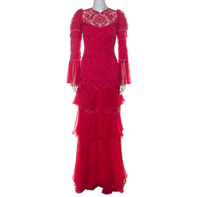 Pre-owned Tadashi Shoji Pink Chiffon And Lace Tiered Moreau Gown Xl