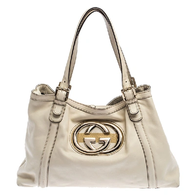 Pre-owned Gucci Cream Leather Medium Gg Britt Tote