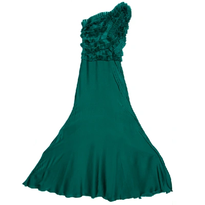 Pre-owned Carolina Herrera Green Silk Pleated Ruffle Bodice Evening Gown Xs