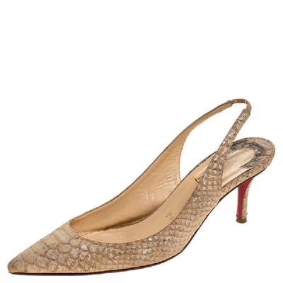 Pre-owned Christian Louboutin Beige Python Apostrophy Slingback Sandals Size 37