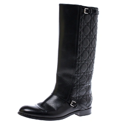 Pre-owned Dior Black Cannage Leather City Knee High Boots Size 38