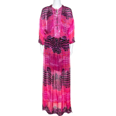 Pre-owned Roberto Cavalli Pink Printed Chiffon Embellished Neckline Detail Maxi Dress S