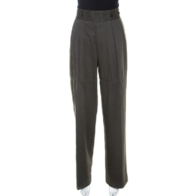 Pre-owned Dries Van Noten Khaki Green Cotton Buckle Detail Wide Leg Trousers L