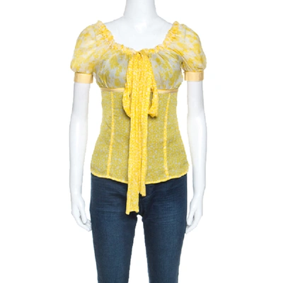 Pre-owned Dolce & Gabbana D & G Yellow Floral Print Sheer Silk Crepe Elasticized Neck Blouse S