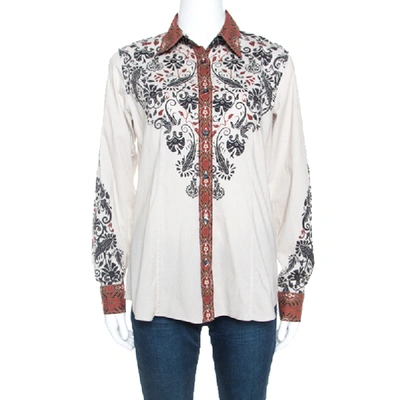 Pre-owned Etro Beige Printed Stretch Cotton Button Front Shirt L