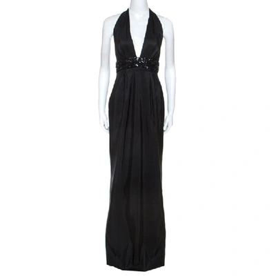 Pre-owned Marchesa Notte Black Silk Embellished Waist Halterneck Evening Gown M