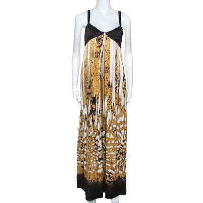 Pre-owned Just Cavalli Multicolor Printed Silk Pleated Bodice Detail Maxi Dress L