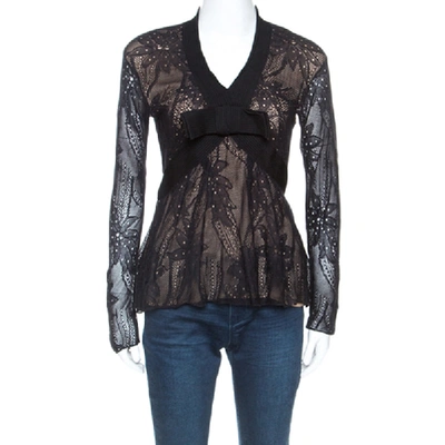 Pre-owned Dior Christian  Black Lace Rib Trim Long Sleeve Top M