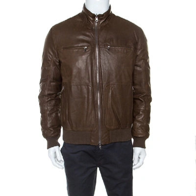 Pre-owned Brunello Cucinelli Brown Leather Bomber Jacket L