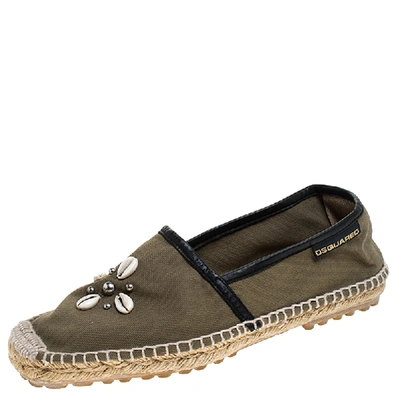 Pre-owned Dsquared2 Khaki Canvas Shell Embellished Espadrille Flats Size 39 In Beige