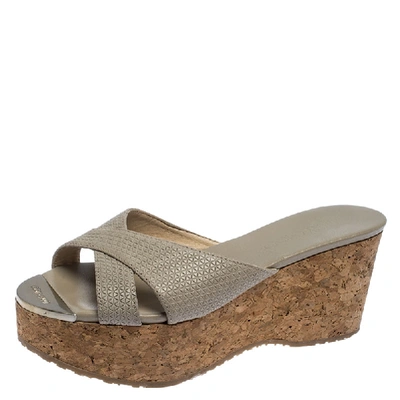 Pre-owned Jimmy Choo Grey Leather Prima Cork Wedge Slides Size 36.5