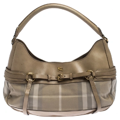 Pre-owned Burberry Beige House Check Leather And Canvas Belted Hobo