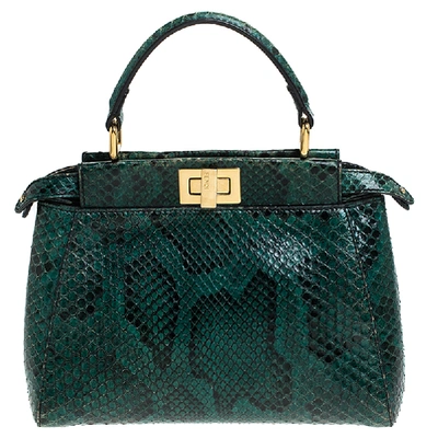 Pre-owned Fendi Green/black Python Mini Peekaboo Top Handle Bag