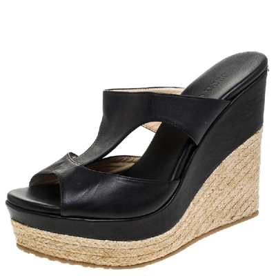 Pre-owned Jimmy Choo Black Cut Out Leather Pledge Espadrille Wedge Platform Sandals Size 39.5