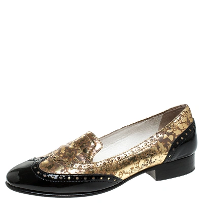 Pre-owned Chanel Golden Black Patent And Textured Leather Slip On Loafers Size 37 In Multicolor