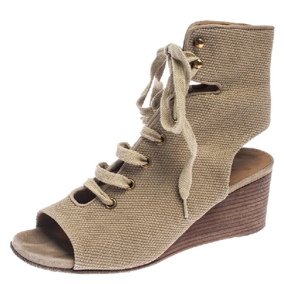 Pre-owned Chloé Beige Canvas Ghillie Lace Up Wedge Sandals Size 36