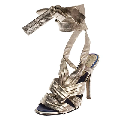 Pre-owned Roberto Cavalli Metallic Gold Leather Ankle Wrap Strappy Sandals Size 35.5