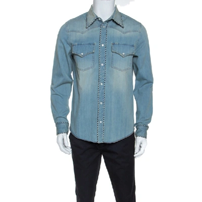 Pre-owned Gucci Blue Denim L'aveugle Par Amour Snake Embroidered Shirt M