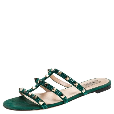 Pre-owned Valentino Garavani Emerald/smeraldo Suede Rockstud Flat Slides Size 39 In Green