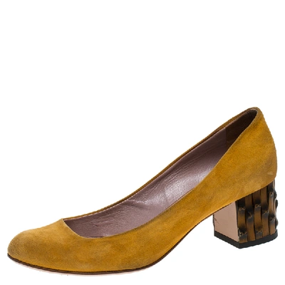 Pre-owned Gucci Yellow Suede Dahlia Bamboo Heel Pumps Size 36.5