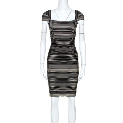 Pre-owned Herve Leger Bicolor Striped Sandra Bandage Dress M In Black