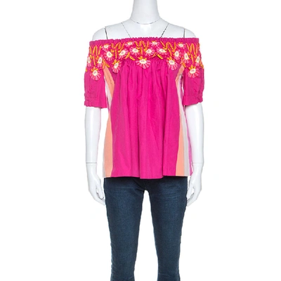 Pre-owned Peter Pilotto Pink Cotton Lace Detail Panelled Off-shoulder Top L