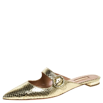 Pre-owned Aquazzura Gold Snake Leather Blossom Pointed Toe Flat Mules Size 39