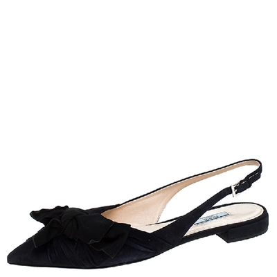 Pre-owned Prada Navy Blue Suede Bow Detail Slingback Flats Size 41