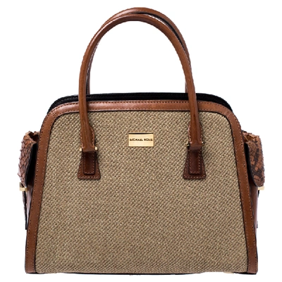 Pre-owned Michael Kors Beige/brown Woven Raffia And Python Leather Trimmed Gia Satchel