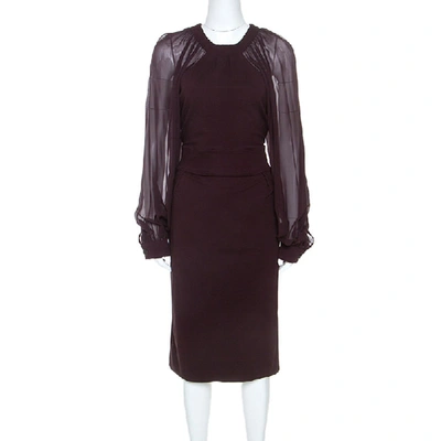 Pre-owned Gucci Burgundy Stretch Knit Bishop Sleeve Midi Dress L