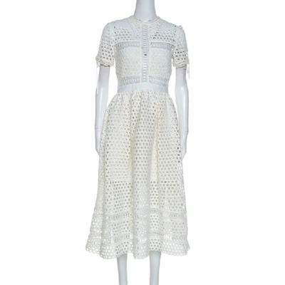 Pre-owned Self-portrait White Crochet Knit Midi Dress M