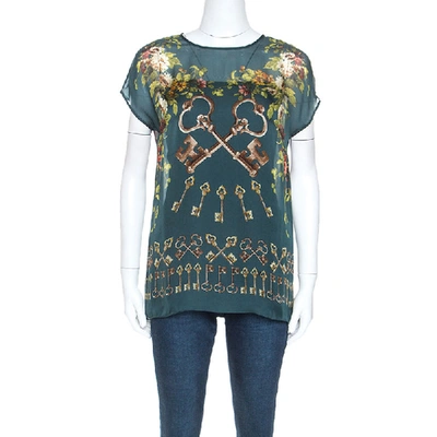 Pre-owned Dolce & Gabbana Green Floral And Key Print Silk Sheer Top S