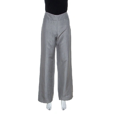 Pre-owned Armani Collezioni Grey Linen Silk Blend Wide Leg Trousers M