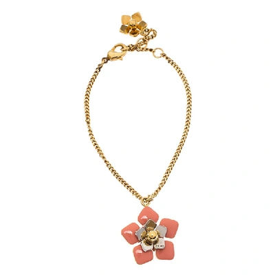 Pre-owned Fendi Blossom Enamel Flower Charm Gold Tone Bracelet In Pink