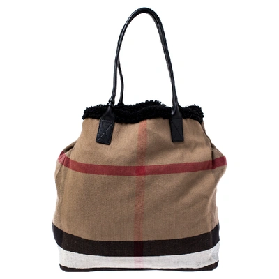 Pre-owned Burberry Beige/black House Check Canvas And Leather With Shearling Lining Tote