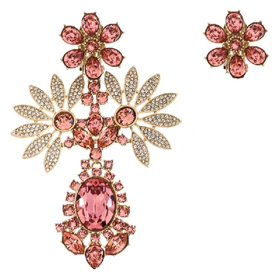 Pre-owned Burberry Double Daisy Crystal Gold Tone Clip-on Asymmetric Stud Drop Earrings In Pink