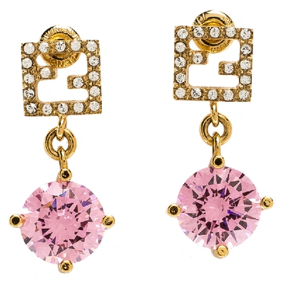 Pre-owned Fendi Gold Tone Crystal Studded Pink Stone Drop Earrings
