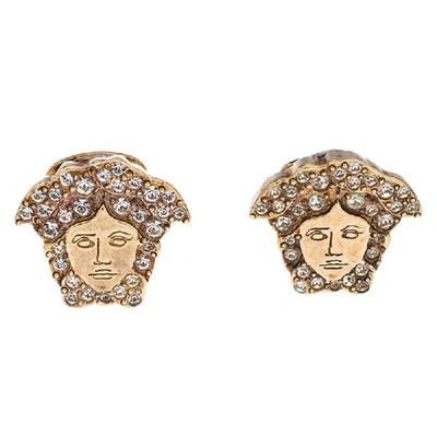 Pre-owned Versace Medusa Crystal Studded Gold Tone Clip-on Stud Earrings