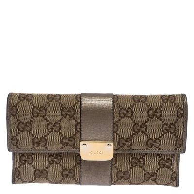 Pre-owned Gucci Beige Gg Canvas And Leather Flap Wallet